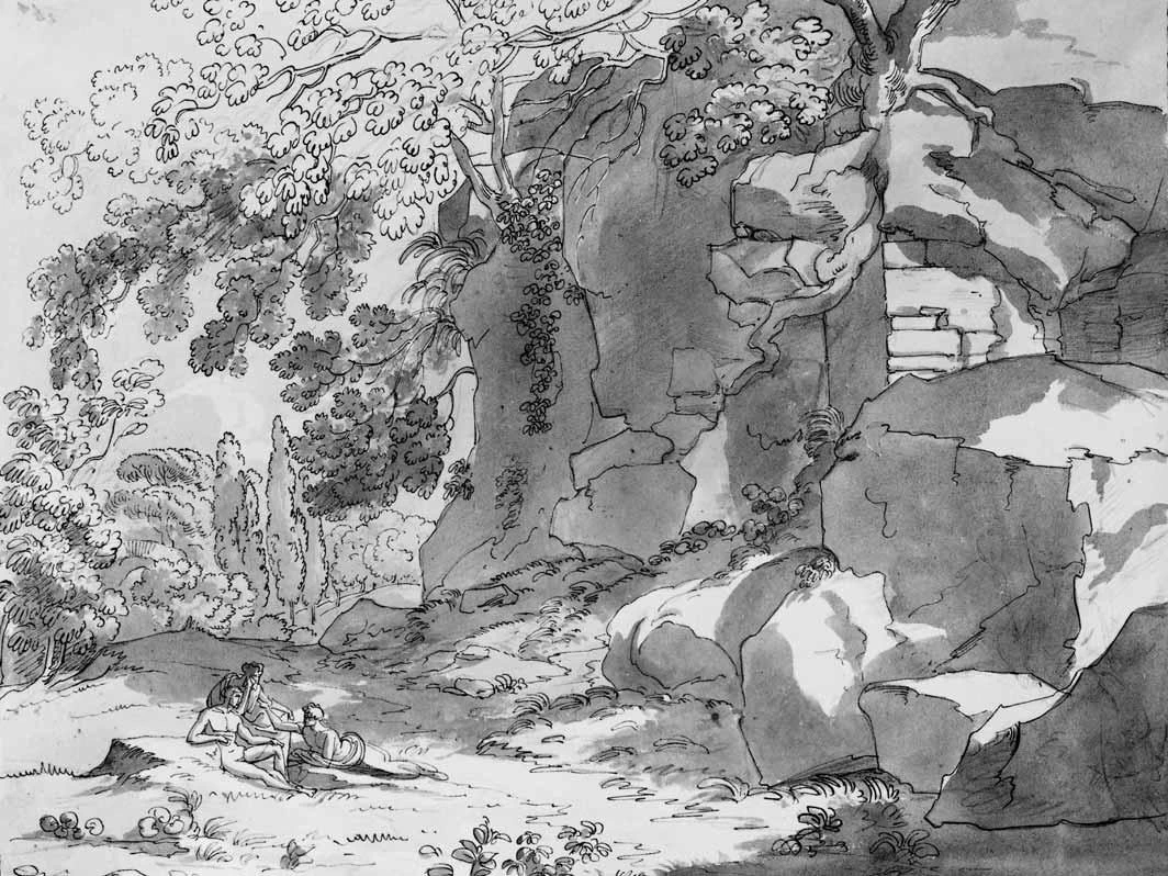 Luigi Basiletti-74-Paesaggio boscoso con rocce e tre figure